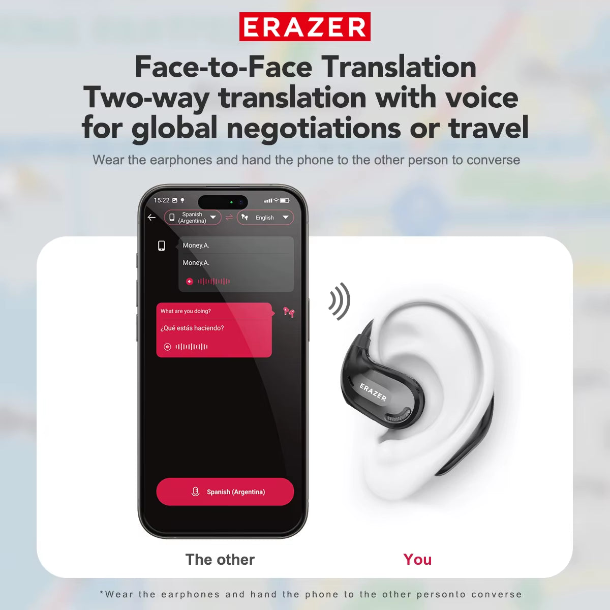 Erazer XT66 AI Wireless Translation Earbuds with Bluetooth and Real-Time Translation App